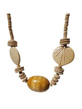 Natural Wood Bead Necklace Carved Leaf Coconut Shell Chunky Boho Artsy Statement